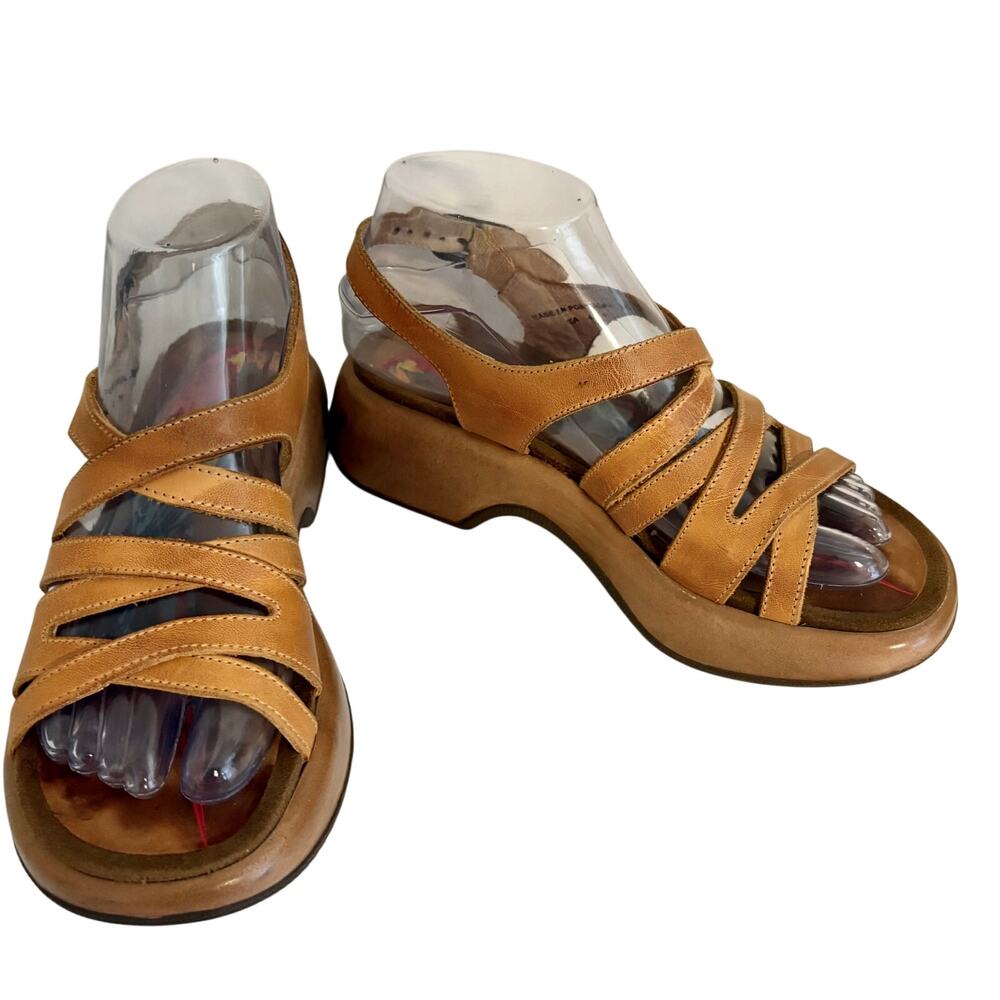 Dansko Tan Leather Strappy Platform Wedge Sandals w/ Parrot Slingback Comfort